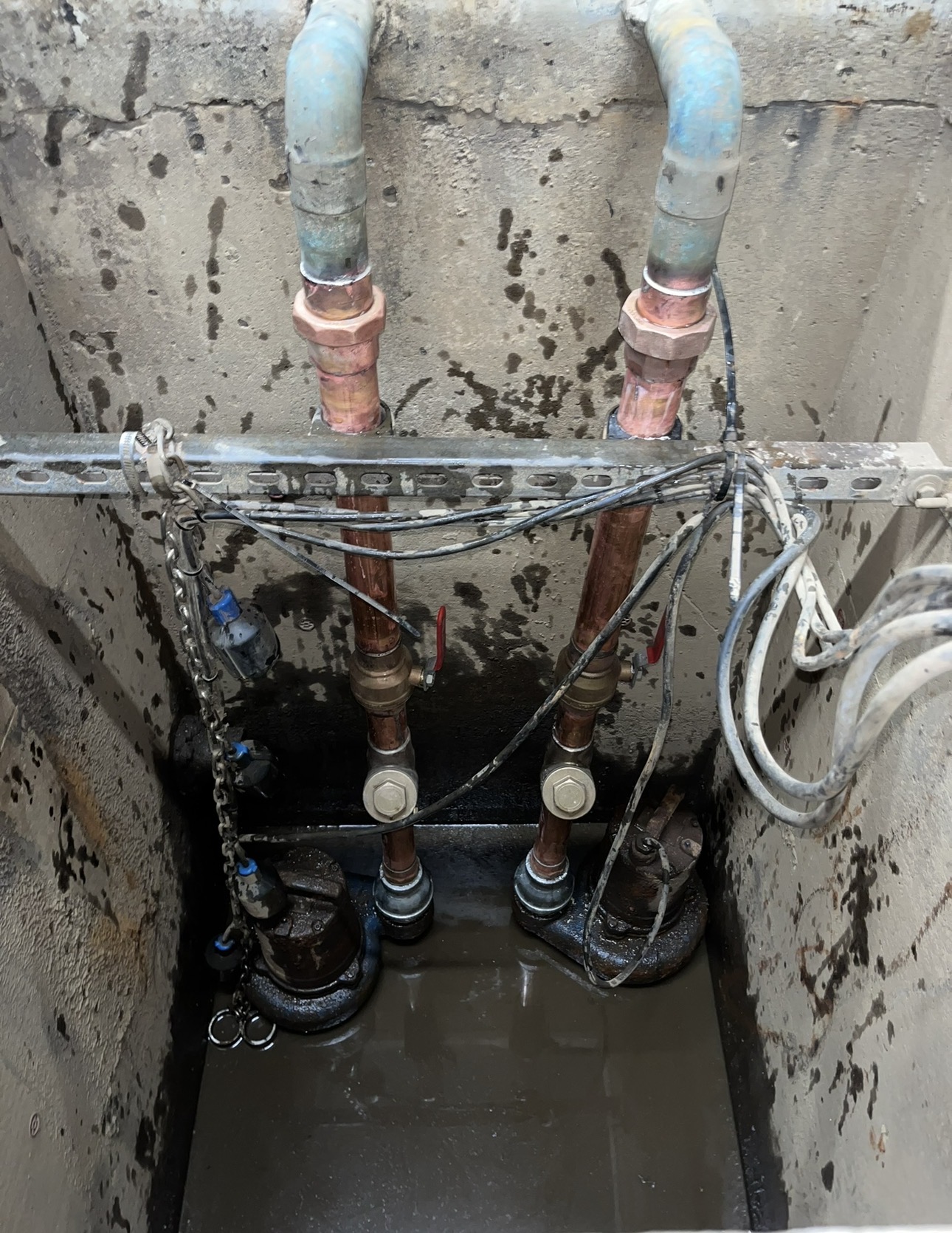 Dual pump plumbing system installed in a recessed equipment pit