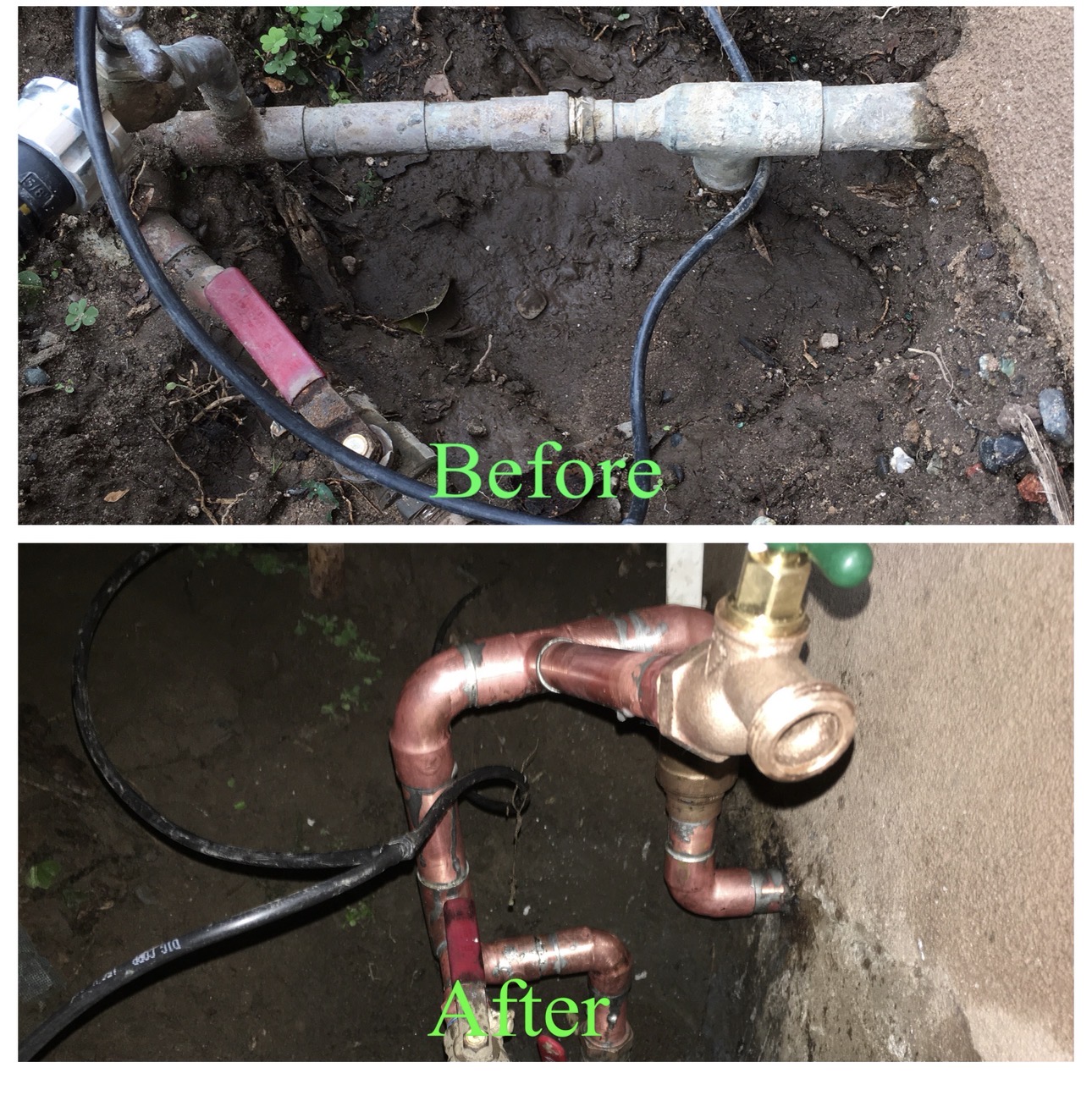 Before and after comparison showing a corroded galvanized water main and the replacement copper manifold with brass valve